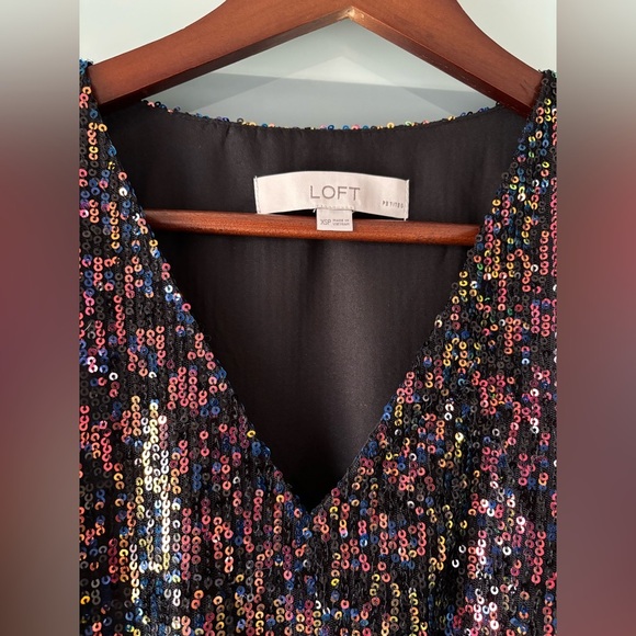 XSP LOFT Women's Sequin Mini Dress Belted V-Neck Banded Sheer Sleeve - Picture 6 of 10